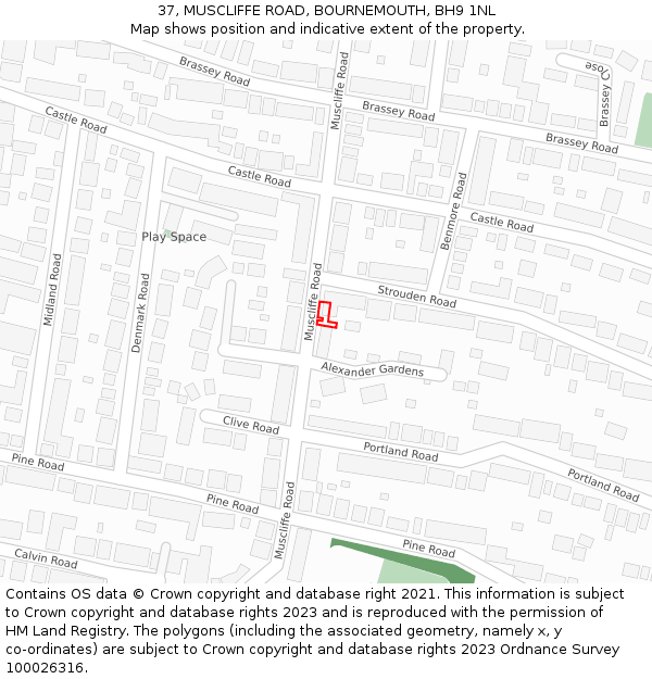 37, MUSCLIFFE ROAD, BOURNEMOUTH, BH9 1NL: Location map and indicative extent of plot
