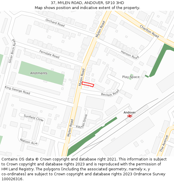 37, MYLEN ROAD, ANDOVER, SP10 3HD: Location map and indicative extent of plot