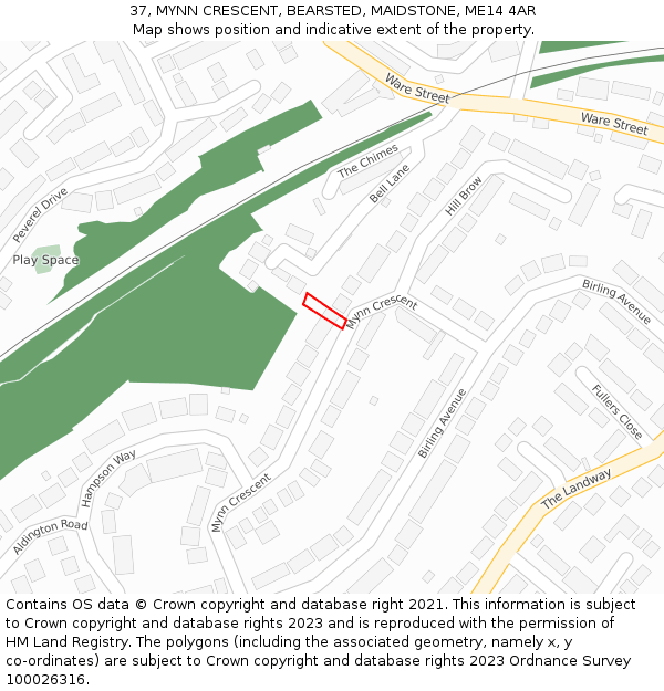 37, MYNN CRESCENT, BEARSTED, MAIDSTONE, ME14 4AR: Location map and indicative extent of plot