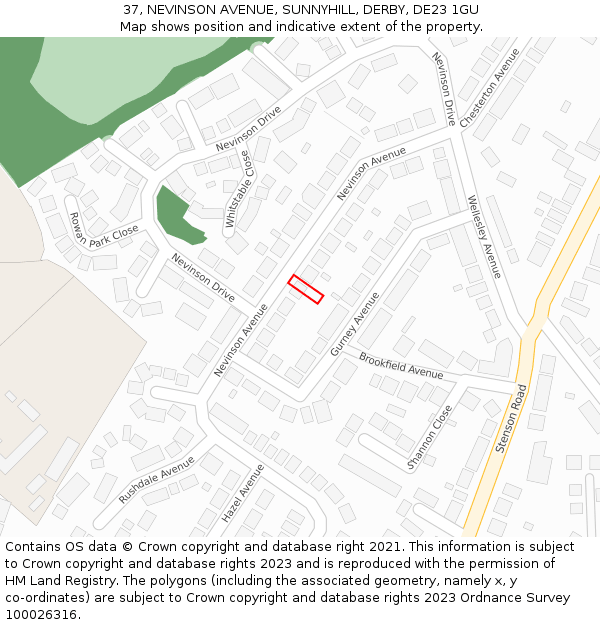 37, NEVINSON AVENUE, SUNNYHILL, DERBY, DE23 1GU: Location map and indicative extent of plot