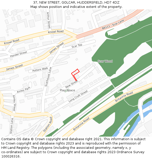 37, NEW STREET, GOLCAR, HUDDERSFIELD, HD7 4DZ: Location map and indicative extent of plot