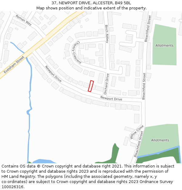 37, NEWPORT DRIVE, ALCESTER, B49 5BL: Location map and indicative extent of plot