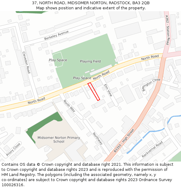 37, NORTH ROAD, MIDSOMER NORTON, RADSTOCK, BA3 2QB: Location map and indicative extent of plot