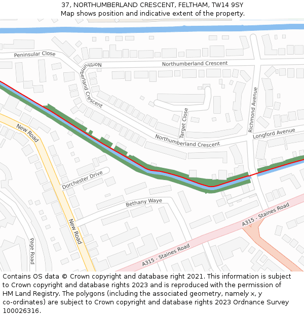 37, NORTHUMBERLAND CRESCENT, FELTHAM, TW14 9SY: Location map and indicative extent of plot