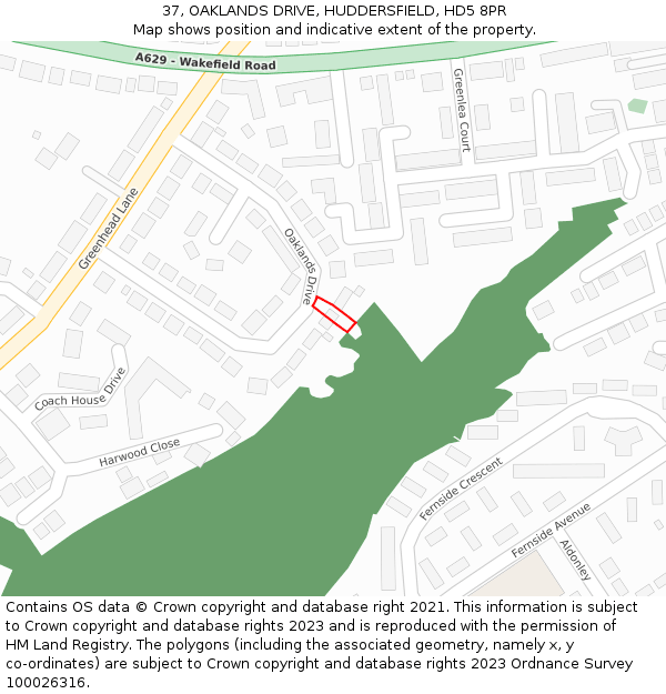 37, OAKLANDS DRIVE, HUDDERSFIELD, HD5 8PR: Location map and indicative extent of plot