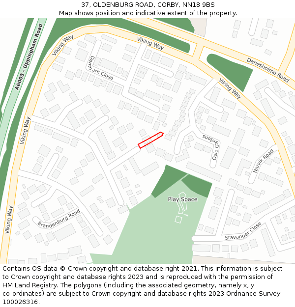 37, OLDENBURG ROAD, CORBY, NN18 9BS: Location map and indicative extent of plot