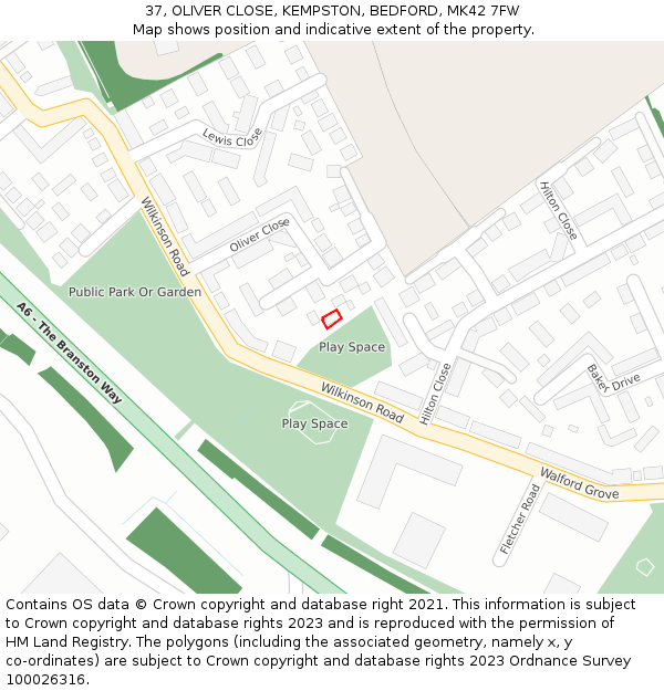 37, OLIVER CLOSE, KEMPSTON, BEDFORD, MK42 7FW: Location map and indicative extent of plot