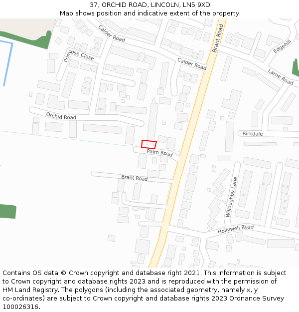 37, ORCHID ROAD, LINCOLN, LN5 9XD: Location map and indicative extent of plot