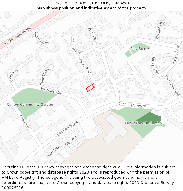 37, PADLEY ROAD, LINCOLN, LN2 4WB: Location map and indicative extent of plot