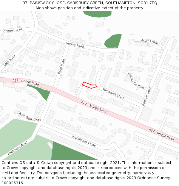 37, PAINSWICK CLOSE, SARISBURY GREEN, SOUTHAMPTON, SO31 7EQ: Location map and indicative extent of plot