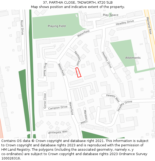 37, PARTHIA CLOSE, TADWORTH, KT20 5LB: Location map and indicative extent of plot