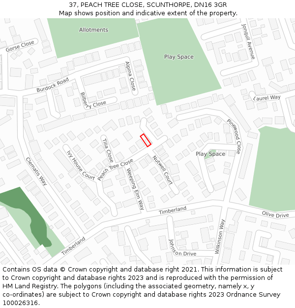 37, PEACH TREE CLOSE, SCUNTHORPE, DN16 3GR: Location map and indicative extent of plot