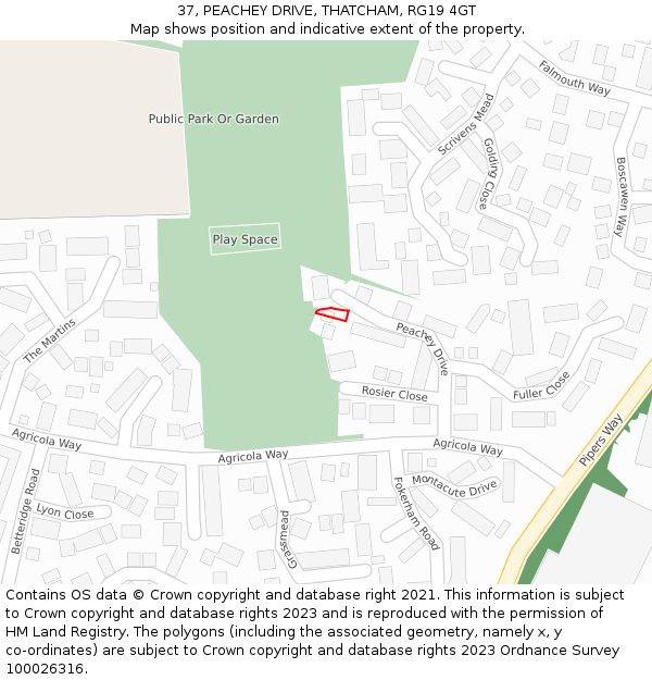 37, PEACHEY DRIVE, THATCHAM, RG19 4GT: Location map and indicative extent of plot