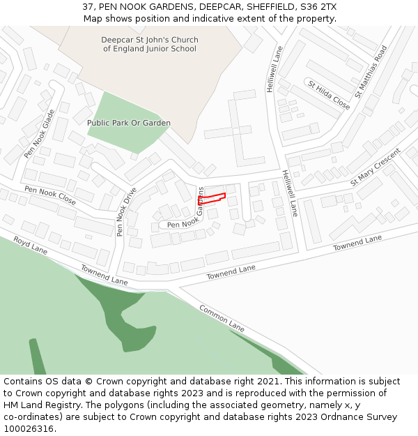 37, PEN NOOK GARDENS, DEEPCAR, SHEFFIELD, S36 2TX: Location map and indicative extent of plot