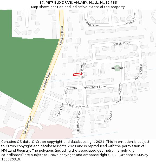 37, PETFIELD DRIVE, ANLABY, HULL, HU10 7ES: Location map and indicative extent of plot