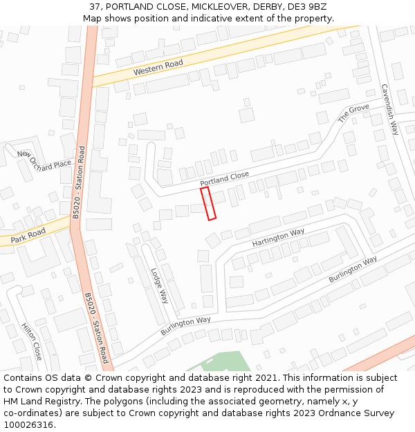 37, PORTLAND CLOSE, MICKLEOVER, DERBY, DE3 9BZ: Location map and indicative extent of plot