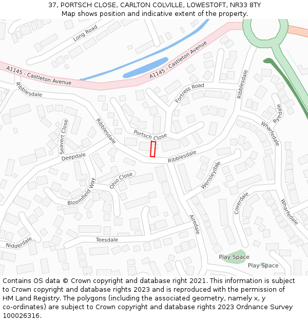 37, PORTSCH CLOSE, CARLTON COLVILLE, LOWESTOFT, NR33 8TY: Location map and indicative extent of plot