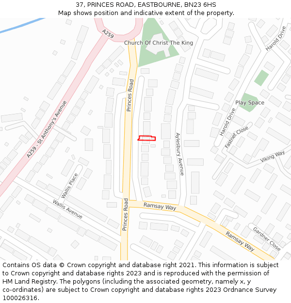 37, PRINCES ROAD, EASTBOURNE, BN23 6HS: Location map and indicative extent of plot