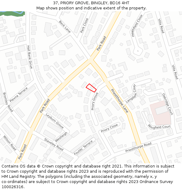 37, PRIORY GROVE, BINGLEY, BD16 4HT: Location map and indicative extent of plot