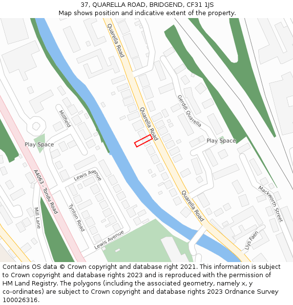 37, QUARELLA ROAD, BRIDGEND, CF31 1JS: Location map and indicative extent of plot