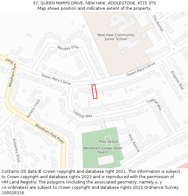 37, QUEEN MARYS DRIVE, NEW HAW, ADDLESTONE, KT15 3TS: Location map and indicative extent of plot
