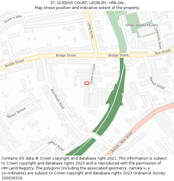 37, QUEENS COURT, LEDBURY, HR8 2AL: Location map and indicative extent of plot