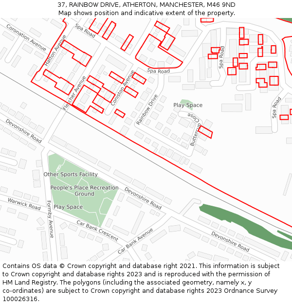 37, RAINBOW DRIVE, ATHERTON, MANCHESTER, M46 9ND: Location map and indicative extent of plot
