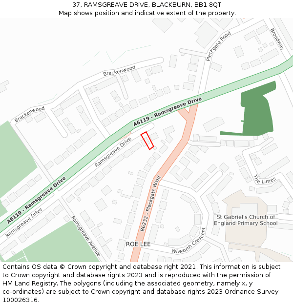 37, RAMSGREAVE DRIVE, BLACKBURN, BB1 8QT: Location map and indicative extent of plot