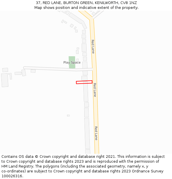 37, RED LANE, BURTON GREEN, KENILWORTH, CV8 1NZ: Location map and indicative extent of plot