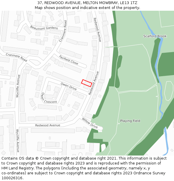 37, REDWOOD AVENUE, MELTON MOWBRAY, LE13 1TZ: Location map and indicative extent of plot