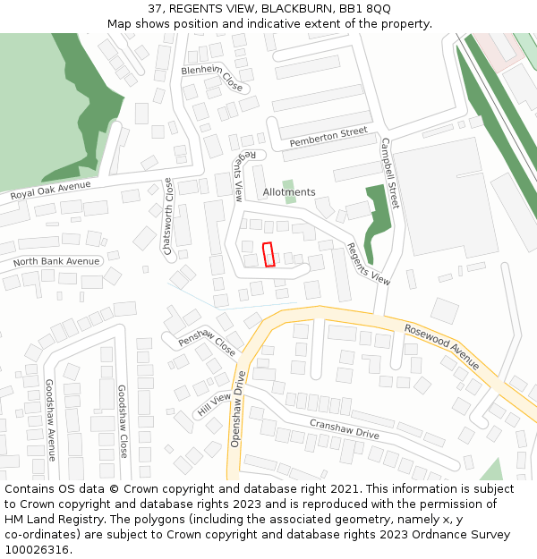 37, REGENTS VIEW, BLACKBURN, BB1 8QQ: Location map and indicative extent of plot