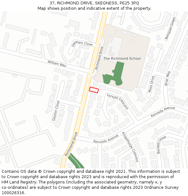 37, RICHMOND DRIVE, SKEGNESS, PE25 3PQ: Location map and indicative extent of plot