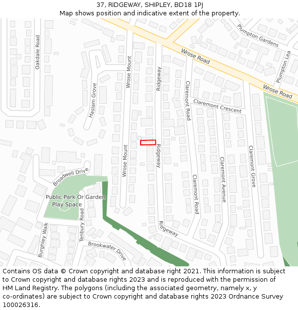 37, RIDGEWAY, SHIPLEY, BD18 1PJ: Location map and indicative extent of plot