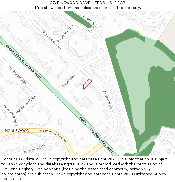 37, RINGWOOD DRIVE, LEEDS, LS14 1AR: Location map and indicative extent of plot