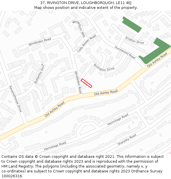 37, RIVINGTON DRIVE, LOUGHBOROUGH, LE11 4EJ: Location map and indicative extent of plot