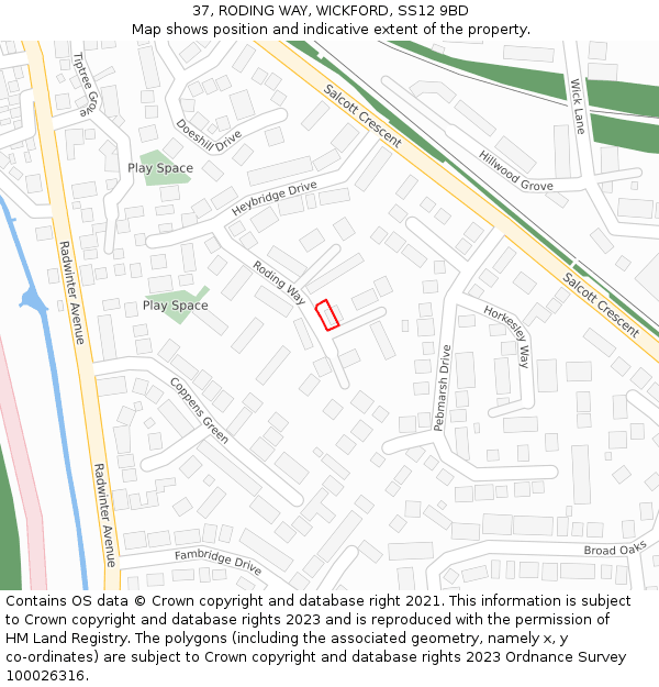 37, RODING WAY, WICKFORD, SS12 9BD: Location map and indicative extent of plot