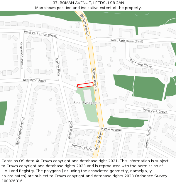 37, ROMAN AVENUE, LEEDS, LS8 2AN: Location map and indicative extent of plot