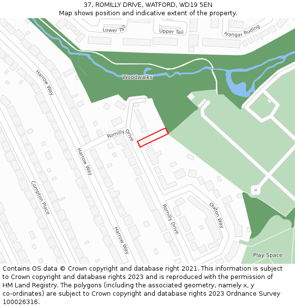 37, ROMILLY DRIVE, WATFORD, WD19 5EN: Location map and indicative extent of plot