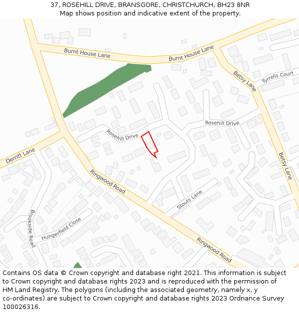 37, ROSEHILL DRIVE, BRANSGORE, CHRISTCHURCH, BH23 8NR: Location map and indicative extent of plot