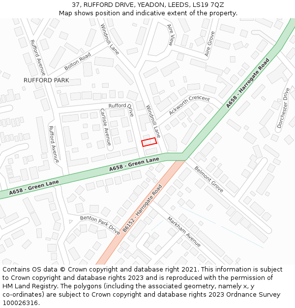 37, RUFFORD DRIVE, YEADON, LEEDS, LS19 7QZ: Location map and indicative extent of plot