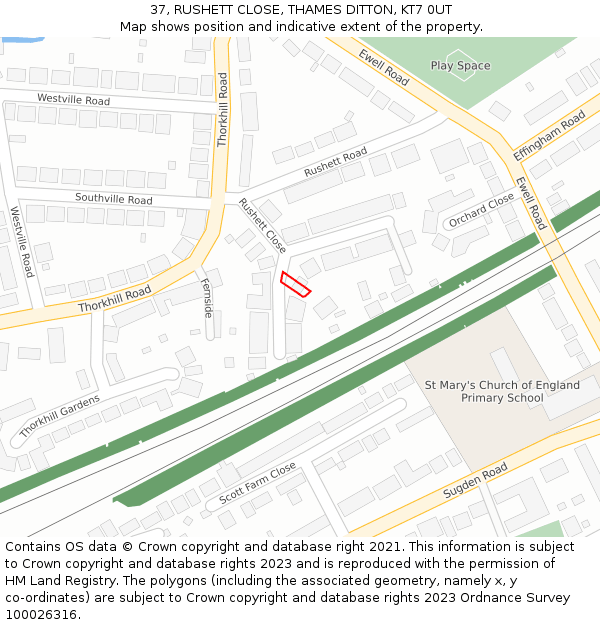 37, RUSHETT CLOSE, THAMES DITTON, KT7 0UT: Location map and indicative extent of plot