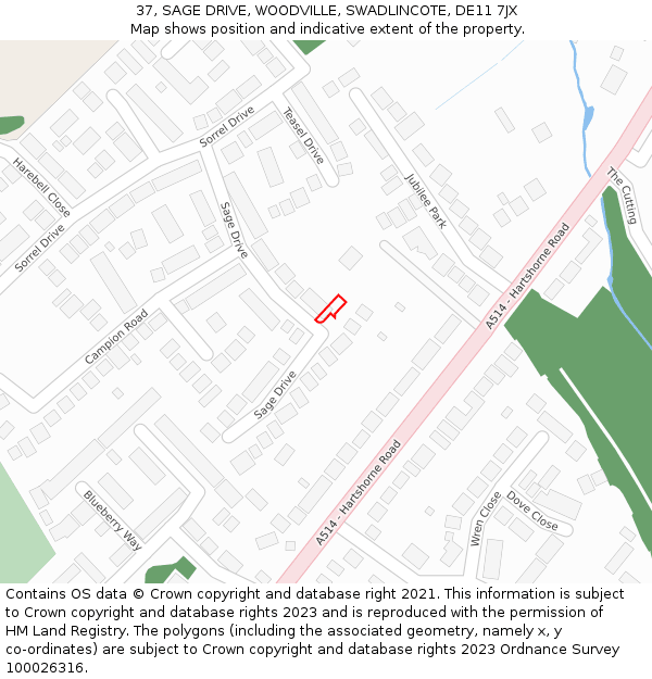 37, SAGE DRIVE, WOODVILLE, SWADLINCOTE, DE11 7JX: Location map and indicative extent of plot