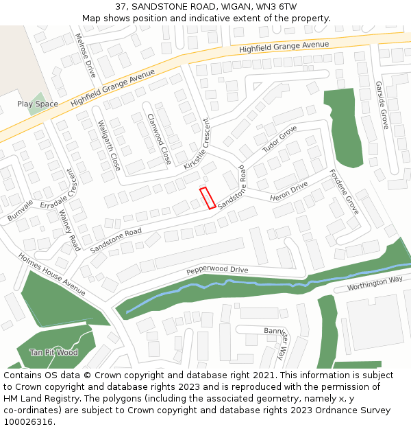 37, SANDSTONE ROAD, WIGAN, WN3 6TW: Location map and indicative extent of plot