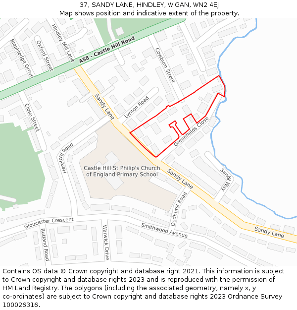 37, SANDY LANE, HINDLEY, WIGAN, WN2 4EJ: Location map and indicative extent of plot