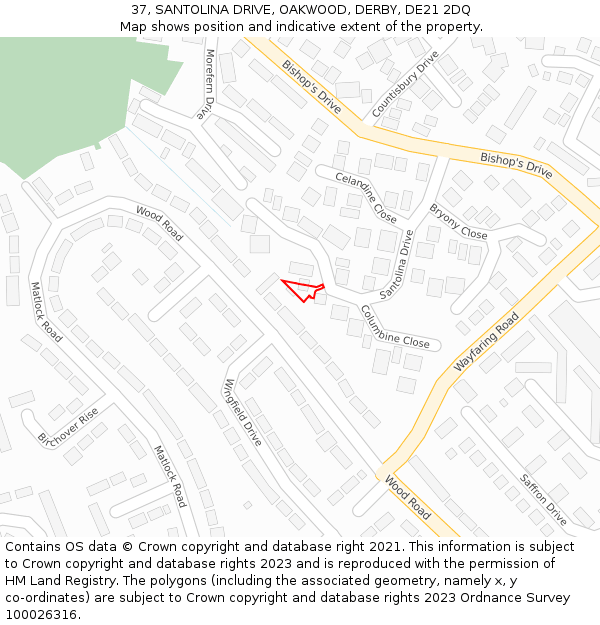 37, SANTOLINA DRIVE, OAKWOOD, DERBY, DE21 2DQ: Location map and indicative extent of plot