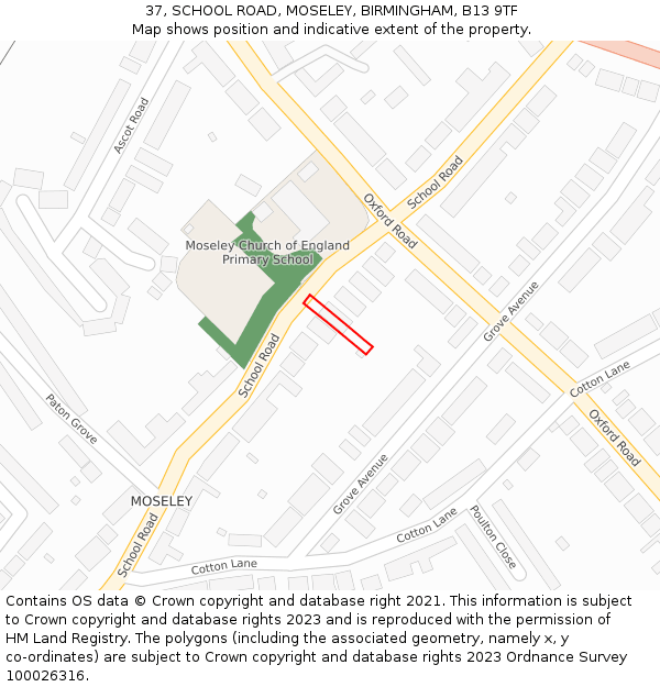 37, SCHOOL ROAD, MOSELEY, BIRMINGHAM, B13 9TF: Location map and indicative extent of plot