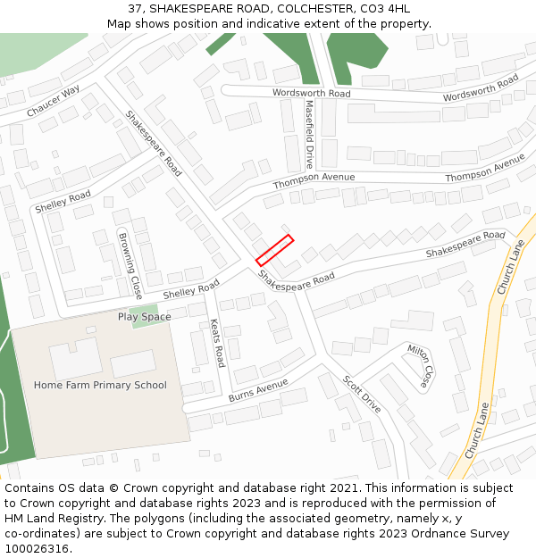 37, SHAKESPEARE ROAD, COLCHESTER, CO3 4HL: Location map and indicative extent of plot