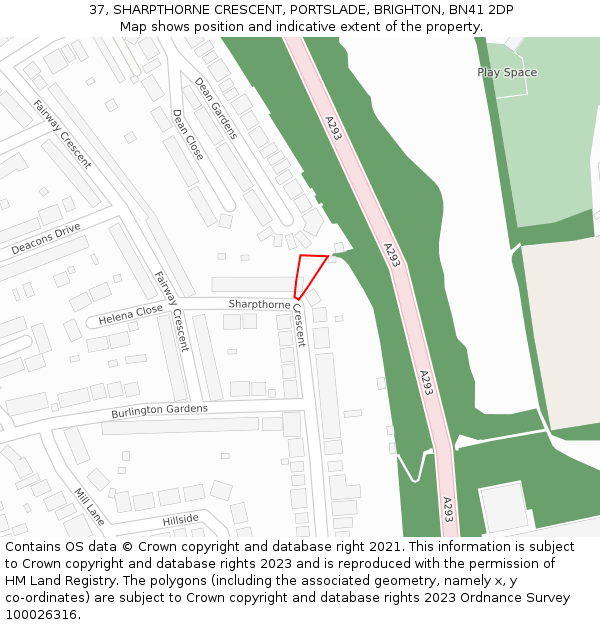 37, SHARPTHORNE CRESCENT, PORTSLADE, BRIGHTON, BN41 2DP: Location map and indicative extent of plot