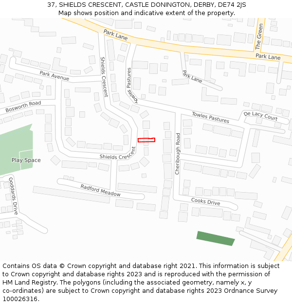 37, SHIELDS CRESCENT, CASTLE DONINGTON, DERBY, DE74 2JS: Location map and indicative extent of plot