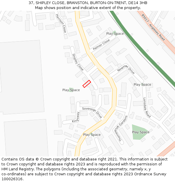 37, SHIPLEY CLOSE, BRANSTON, BURTON-ON-TRENT, DE14 3HB: Location map and indicative extent of plot